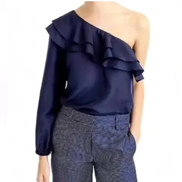 J. Crew Navy 100% Silk One Shoulder Ruffle Long Sleeve Blouse Size 6 NWT - Picture 1 of 6